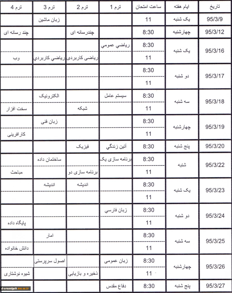 قابل توجه دانشجویان رشته کامپیوتر "برنامه امتحانی  نیمسال دوم  تحصیلی 95-94 " جهت اطلاع