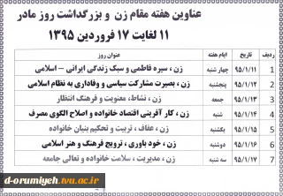 عناوین هفته مقام زن  و بزرگداشت روز مادر فروردین 95
11 لغایت 17 فروردین 1395