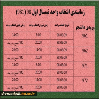 جدول زمانبندی  انتخاب واحد نیمسال اول 98 (ترم 981)