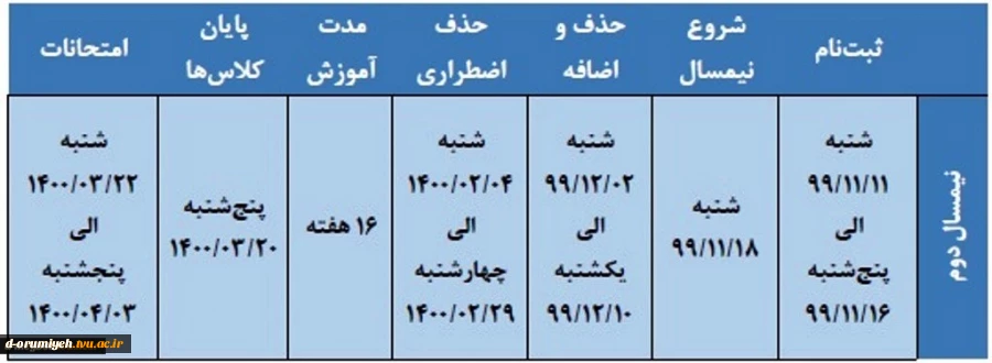 تقویم آموزشی نیمسال دوم سال تحصیلی 1400-1399  2