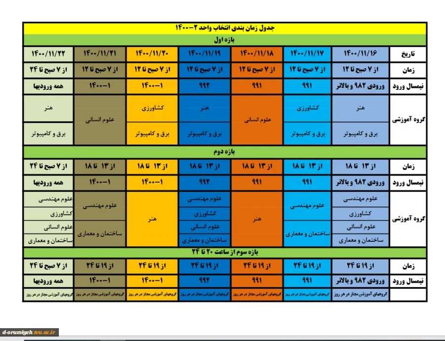 زمان بندی انتخاب واحد1400نیمسال دوم 2