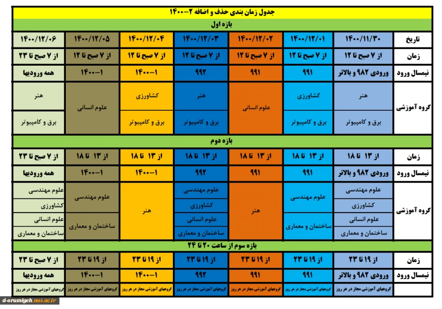 جدول زمان بندی حذف واضافه 2-1400 2