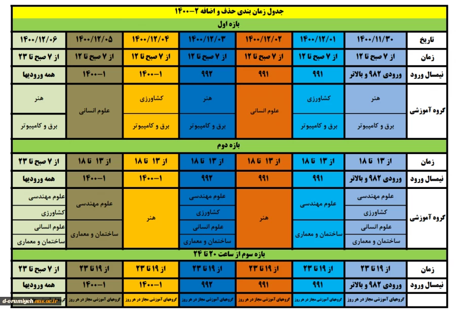 جدول زمان بندی حذف واضافه 2-1400 2