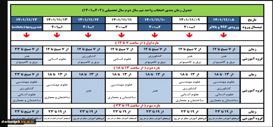 جدول زمانبتدی انتخاب واحد ترم دوم 2